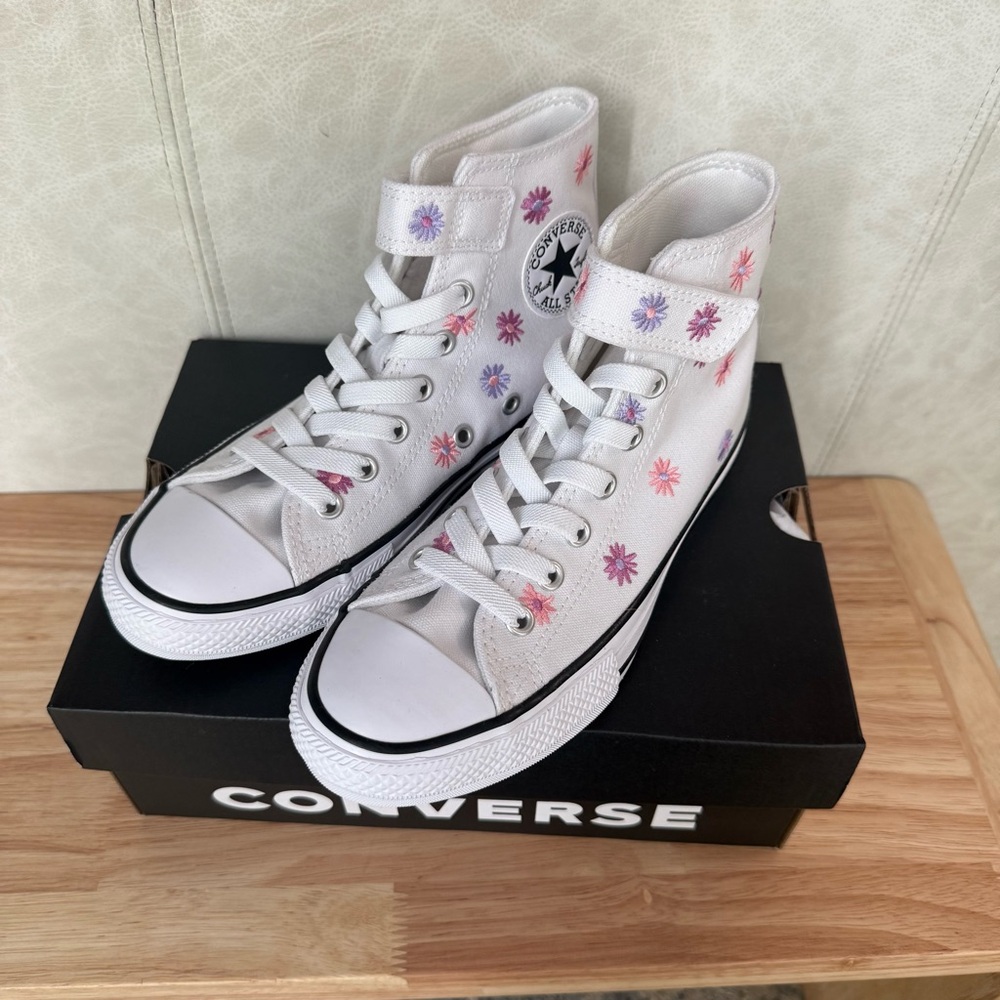 Converse White High Top Sneakers with Pink & Purple Floral Accents - size 2